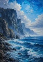 Ice Blue Editorial coastal pictures for bedroom featuring towering sea cliffs, rolling blue waves, and a mist-covered coastal horizon beneath an open sky