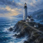 Ice Blue Editorial coastal pictures for bedroom featuring a lighthouse on a rugged peninsula with rolling waves, ocean mist, and seabirds
