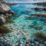 Sea Glass Modern coastal artwork for bedroom featuring a crystal-clear lagoon, smooth shoreline stones, aquatic plants, and luminous coastal reflections