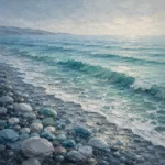 Sea Glass Modern coastal artwork for bedroom featuring gentle ocean waves, a smooth pebble shoreline, delicate sea foam, and a misty horizon