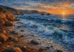 Sapphire and copper coastal wall art for bedroom print featuring rolling ocean waves, rocky shoreline, sea foam, and warm golden-hour light
