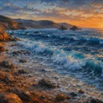 Sapphire and copper coastal wall art for bedroom print featuring rolling ocean waves, rocky shoreline, sea foam, and warm golden-hour light