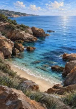Powder blue and cocoa coastal bedroom wall art print featuring a peaceful coastal cove, smooth rocks, calm waters, and delicate sea grasses for elegant interiors