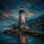 Prussian and rust nautical pictures for bedroom print featuring a weathered lighthouse, calm harbor reflections, rocky shoreline, and misty coastal cliffs