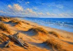 Powder blue and ochre beach themed pictures for bedroom print featuring rolling sand dunes, driftwood, beach grasses, and a calm ocean horizon