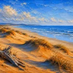 Powder blue and ochre beach themed pictures for bedroom print featuring rolling sand dunes, driftwood, beach grasses, and a calm ocean horizon