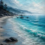 Cyan and graphite beach prints for bedroom featuring turquoise ocean waves, dark rocks, misty horizon, and soft coastal morning light