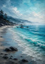 Cyan and graphite beach prints for bedroom featuring turquoise ocean waves, dark rocks, misty horizon, and soft coastal morning light