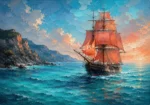 Turquoise and coral nautical wall art for bedroom featuring a vintage sailing vessel, ocean waves, coastal cliffs, and luminous sky.
