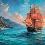 Turquoise and coral nautical wall art for bedroom featuring a vintage sailing vessel, ocean waves, coastal cliffs, and luminous sky.