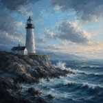 Storm blue contrast coastal bedroom art featuring a lighthouse, ocean waves, rocky shoreline, and misty maritime horizon.