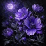 Blue lilac museum purple wall art for bedroom featuring moonlit purple flowers, violet petals, lilac highlights, and dark botanical tones.
