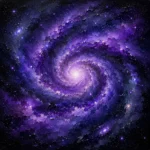 Blue lilac purple wall art for bedroom print featuring a luminous spiral galaxy with violet clouds, stars, and deep indigo cosmic tones for elegant interiors