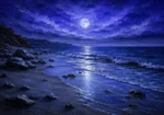 Ink blue relaxing bedroom wall art print featuring a moonlit coastal shoreline with gentle waves, smooth rocks, and cool blue horizon light