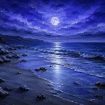 Ink blue relaxing bedroom wall art print featuring a moonlit coastal shoreline with gentle waves, smooth rocks, and cool blue horizon light