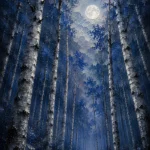 Silver and cobalt silver wall art for bedroom print featuring a moonlit birch forest with slender trees, blue mist, and metallic highlights