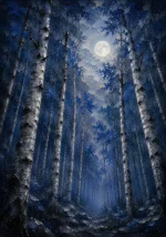 Silver and cobalt silver wall art for bedroom print featuring a moonlit birch forest with slender trees, blue mist, and metallic highlights