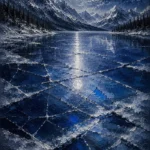 Silver and cobalt silver wall art for bedroom featuring a frozen alpine lake, moonlit ice textures, snowy peaks, and elegant winter landscape tones