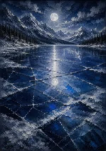 Silver and cobalt silver wall art for bedroom featuring a frozen alpine lake, moonlit ice textures, snowy peaks, and elegant winter landscape tones