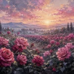 Dusty rose editorial romantic bedroom wall art featuring heirloom roses, dawn light, misty horizon, and elegant floral landscape