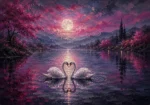 Dusty rose editorial romantic bedroom wall art featuring white swans on a moonlit lake, heart-shaped reflections, and tranquil twilight scenery