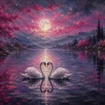 Dusty rose editorial romantic bedroom wall art featuring white swans on a moonlit lake, heart-shaped reflections, and tranquil twilight scenery