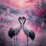 Blush and charcoal bedroom wall decor for couples featuring elegant cranes, reflective lake, morning mist, and romantic natural scenery