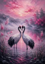 Blush and charcoal bedroom wall decor for couples featuring elegant cranes, reflective lake, morning mist, and romantic natural scenery