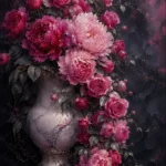 Blush and charcoal bedroom wall decor for couples featuring peonies, climbing roses, marble vase, and elegant romantic floral details