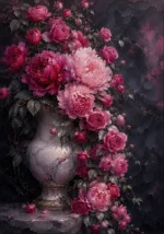 Blush and charcoal bedroom wall decor for couples featuring peonies, climbing roses, marble vase, and elegant romantic floral details