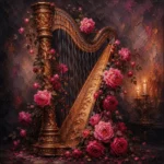 Rose and copper romantic love wall art featuring antique harp, climbing roses, warm candlelight, and elegant romantic details