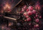 Rose editorial romantic artwork for bedroom featuring an antique piano with blush roses, candlelight, and luxurious dark tones
