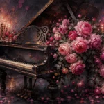 Rose editorial romantic artwork for bedroom featuring an antique piano with blush roses, candlelight, and luxurious dark tones