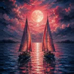 Coral and navy couples wall art for bedroom featuring two sailing boats on a moonlit sea with a glowing horizon