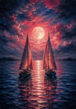 Coral and navy couples wall art for bedroom featuring two sailing boats on a moonlit sea with a glowing horizon