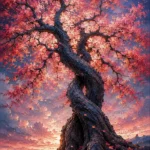 Coral and navy couples wall art for bedroom featuring an intertwined cherry tree with blooming blossoms and a symbolic romantic atmosphere