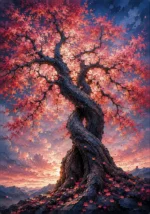 Coral and navy couples wall art for bedroom featuring an intertwined cherry tree with blooming blossoms and a symbolic romantic atmosphere