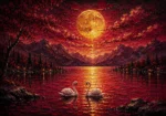 Merlot and antique gold above bed wall decor couples featuring white swans on a moonlit lake with elegant reflections