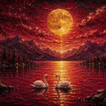 Merlot and antique gold above bed wall decor couples featuring white swans on a moonlit lake with elegant reflections