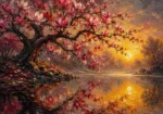 Merlot and antique gold above bed wall decor couples featuring a flowering magnolia tree with river reflection and golden light