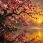 Merlot and antique gold above bed wall decor couples featuring a flowering magnolia tree with river reflection and golden light