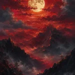 Burgundy sensual bedroom wall art print featuring a luminous full moon above dramatic clouds and misty mountain silhouettes for elegant interiors