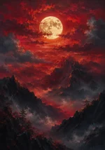 Burgundy sensual bedroom wall art print featuring a luminous full moon above dramatic clouds and misty mountain silhouettes for elegant interiors