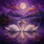 Mauve and copper love wall art for bedroom featuring two white swans on a moonlit lake with tranquil reflections and misty mountains for elegant interiors