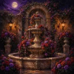Mauve and copper love wall art for bedroom featuring a moonlit marble fountain surrounded by blooming roses in a secluded garden for elegant interiors