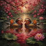 Rose and olive feng shui bedroom art for love featuring elegant mandarin ducks on a tranquil lotus pond beneath flowering branches for serene interiors