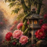 Rose and olive feng shui bedroom art for love featuring intertwined bamboo, blooming peonies, and a weathered stone lantern in a tranquil garden setting for elegant interiors
