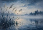 Dusty blue calming wall art for bedroom featuring graceful marsh reeds rising from tranquil reflective water with soft mist for elegant interiors