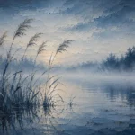 Dusty blue calming wall art for bedroom featuring graceful marsh reeds rising from tranquil reflective water with soft mist for elegant interiors