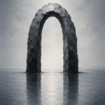 Graphite minimalist bedroom wall art featuring a sculptural stone arch above a reflective surface with balanced symmetry for elegant interiors